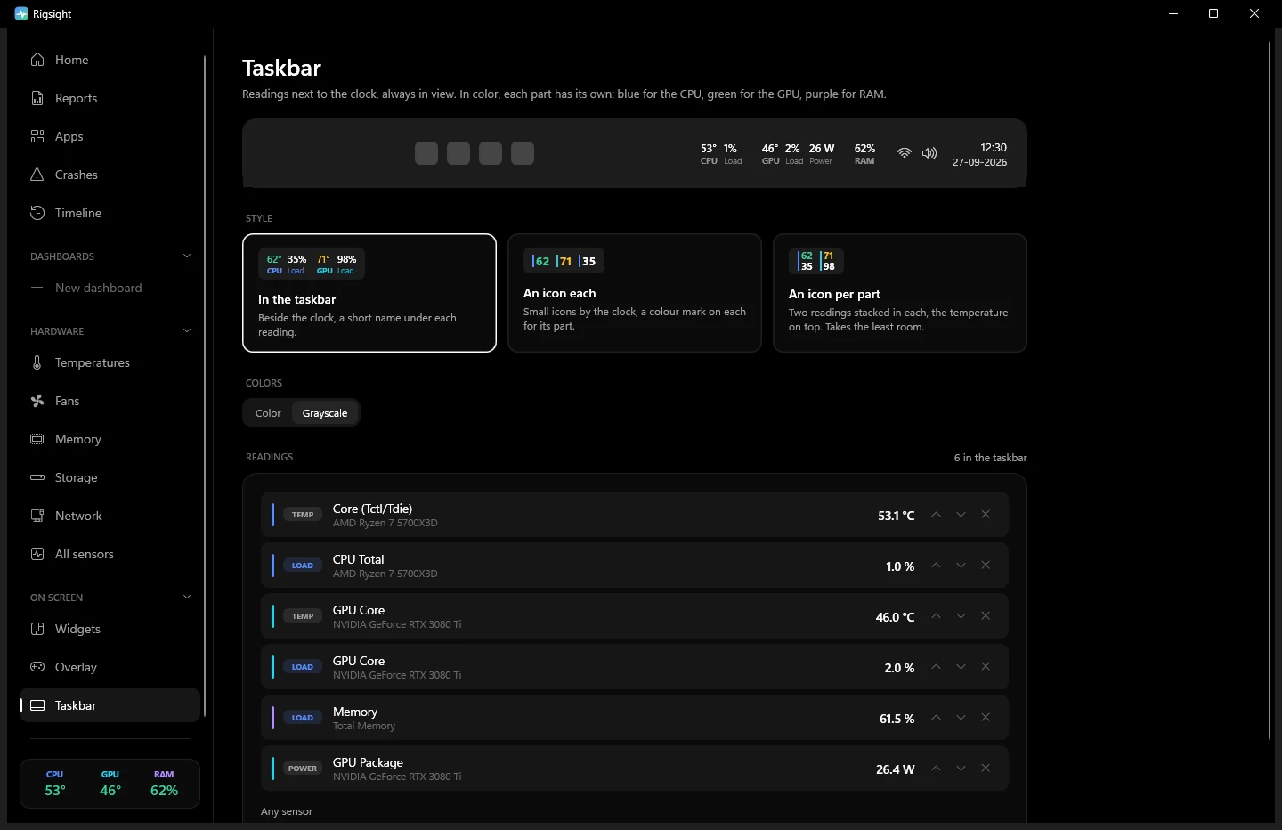Taskbar page: a preview of CPU, GPU and RAM readings beside the clock, three styles to choose from, colour or grayscale, and the list of readings shown