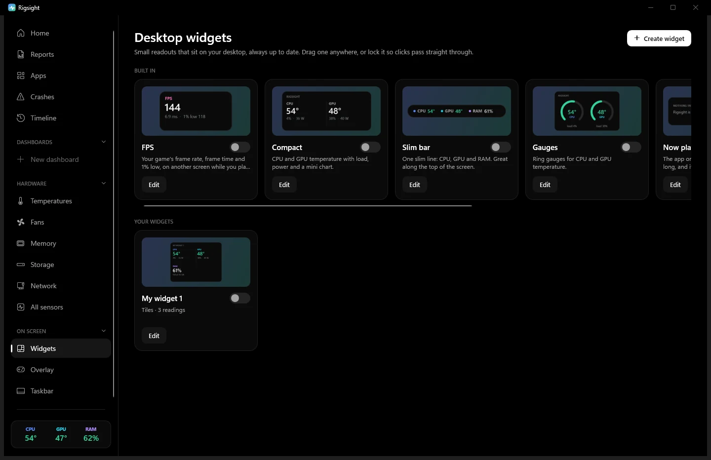 Desktop widgets page: built-in widgets such as FPS, Compact and Slim bar, each with a preview and a switch, and a widget made by hand